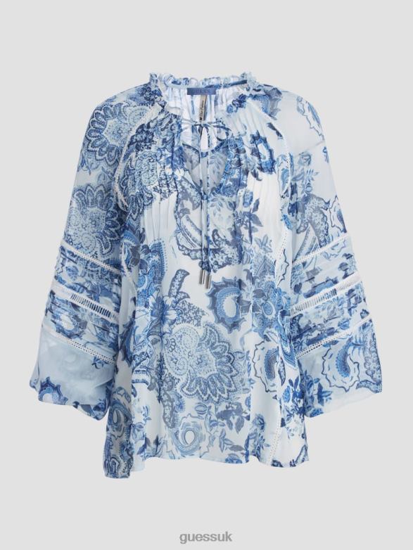 GUESS Women Eco Gilda Sheer Long-Sleeve Blouse Blue Collectibles Apparel V28V61052