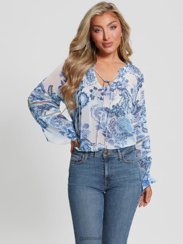 GUESS Women Eco Gilda Sheer Long-Sleeve Blouse Blue Collectibles Apparel V28V61052