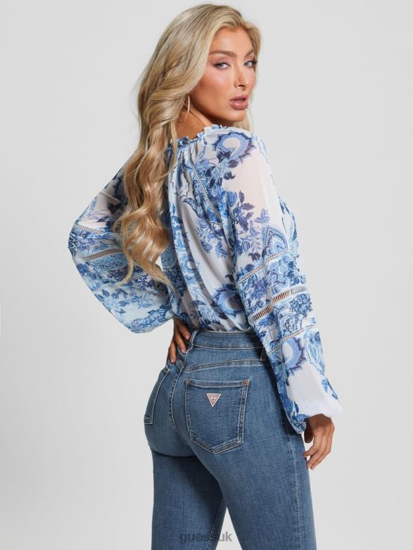 GUESS Women Eco Gilda Sheer Long-Sleeve Blouse Blue Collectibles Apparel V28V61052
