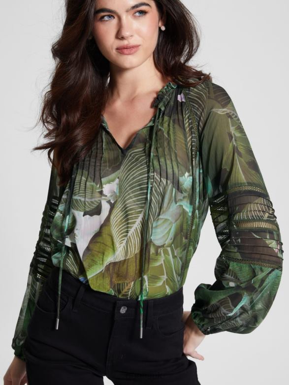 GUESS Women Eco Gilda Sheer Long-Sleeve Blouse Moonlit Tropic Garden Apparel V28V61689