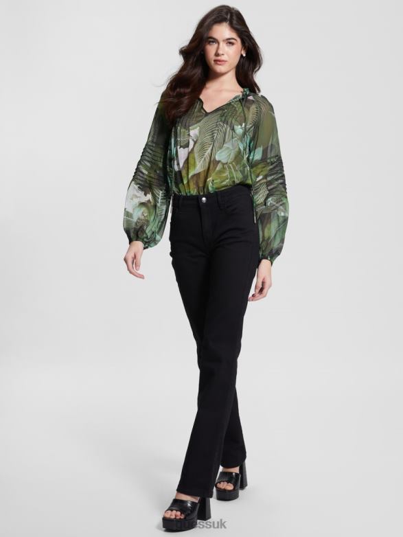 GUESS Women Eco Gilda Sheer Long-Sleeve Blouse Moonlit Tropic Garden Apparel V28V61689