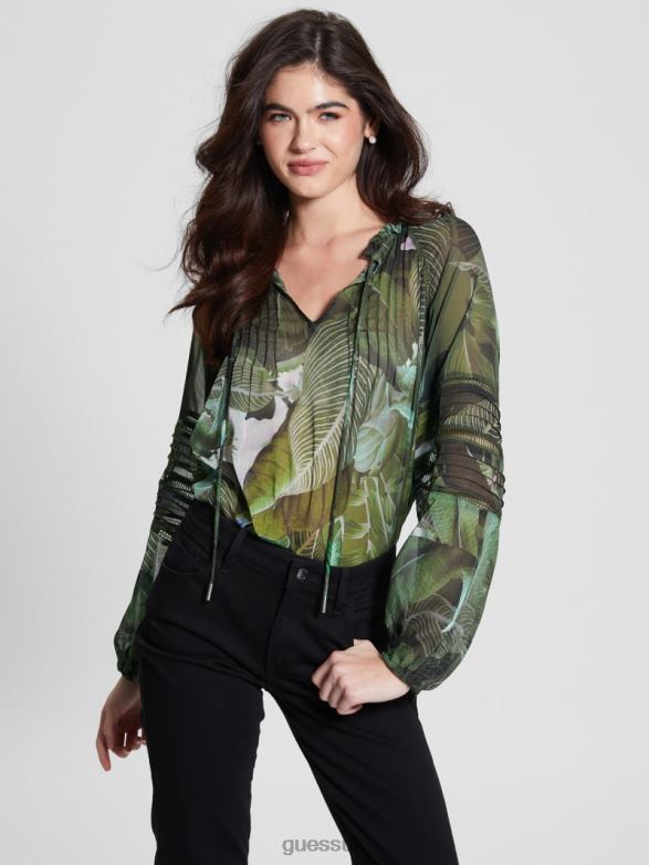 GUESS Women Eco Gilda Sheer Long-Sleeve Blouse Moonlit Tropic Garden Apparel V28V61689