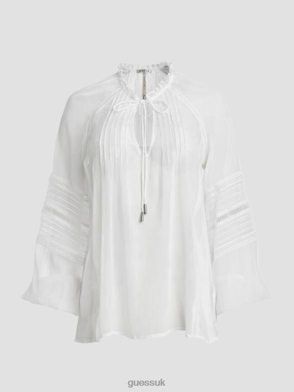 GUESS Women Eco Gilda Sheer Long-Sleeve Blouse Pure White Apparel V28V61240