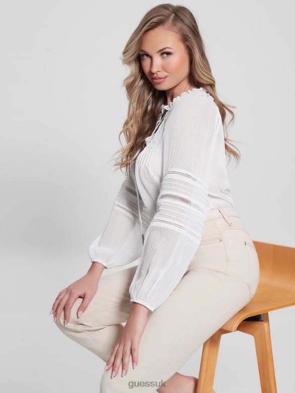 GUESS Women Eco Gilda Sheer Long-Sleeve Blouse Pure White Apparel V28V61240