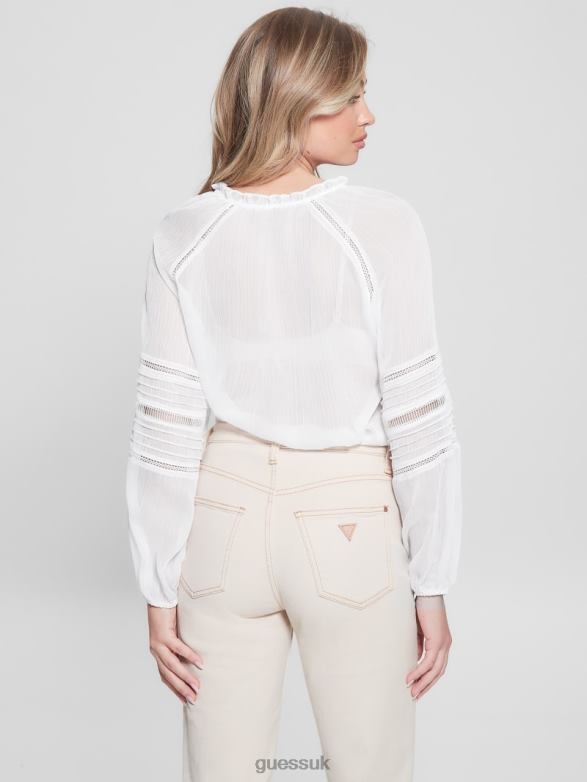 GUESS Women Eco Gilda Sheer Long-Sleeve Blouse Pure White Apparel V28V61240