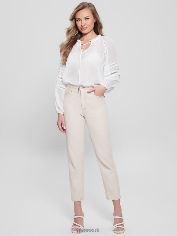 GUESS Women Eco Gilda Sheer Long-Sleeve Blouse Pure White Apparel V28V61240