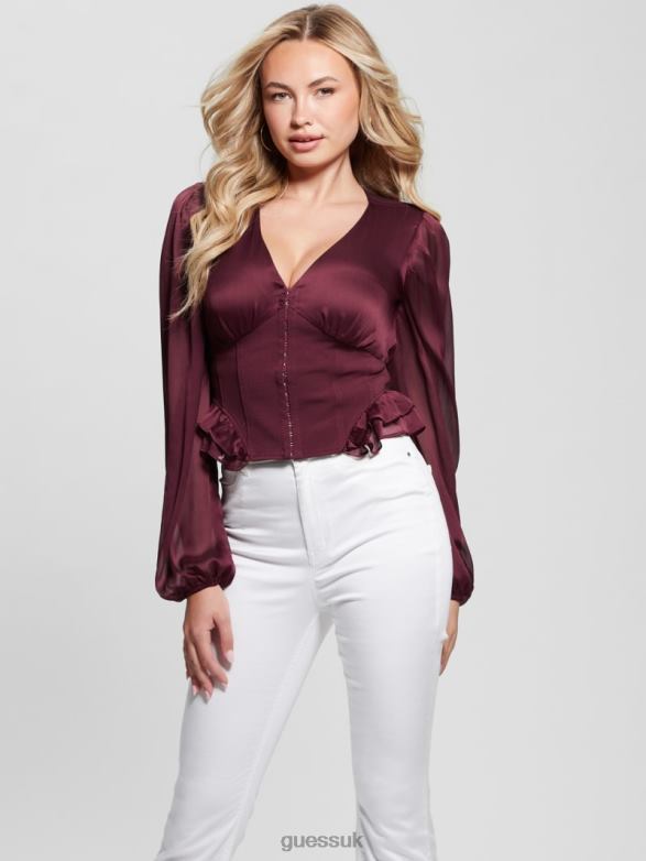 GUESS Women Eco Hamiri Corset Top Mystic Wine Apparel V28V61279