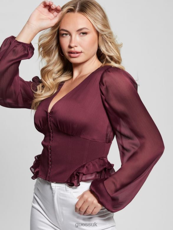 GUESS Women Eco Hamiri Corset Top Mystic Wine Apparel V28V61279