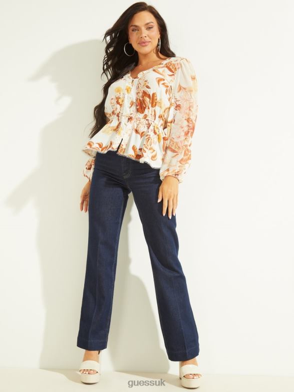 GUESS Women Eco Hera Top Forest Floral Print White Apparel V28V61673