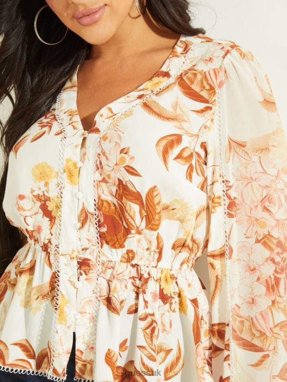 GUESS Women Eco Hera Top Forest Floral Print White Apparel V28V61673