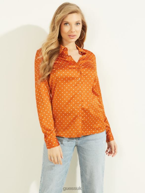 GUESS Women Eco Holly Polka Dot Shirt Dotmania Brassy Combo Apparel V28V61520