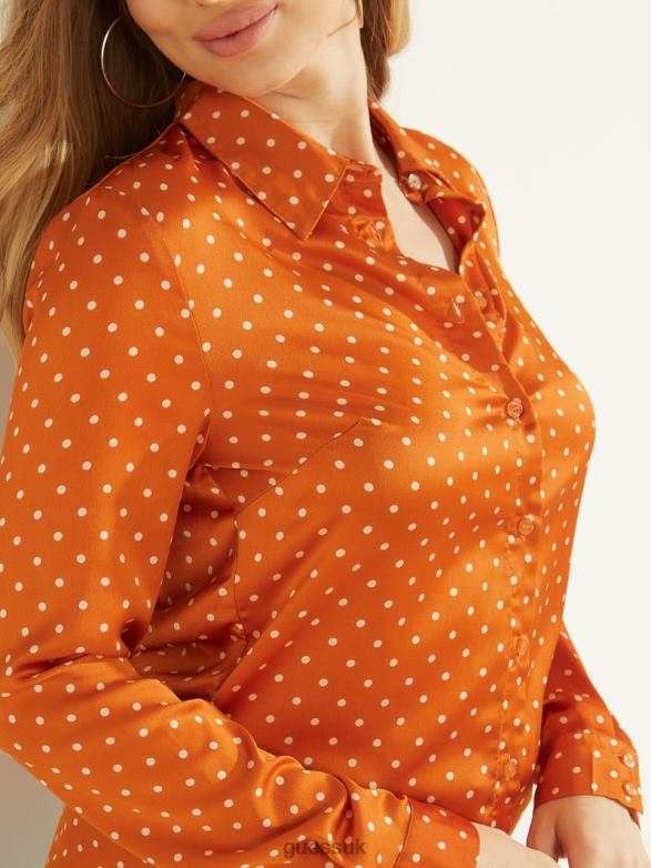 GUESS Women Eco Holly Polka Dot Shirt Dotmania Brassy Combo Apparel V28V61520