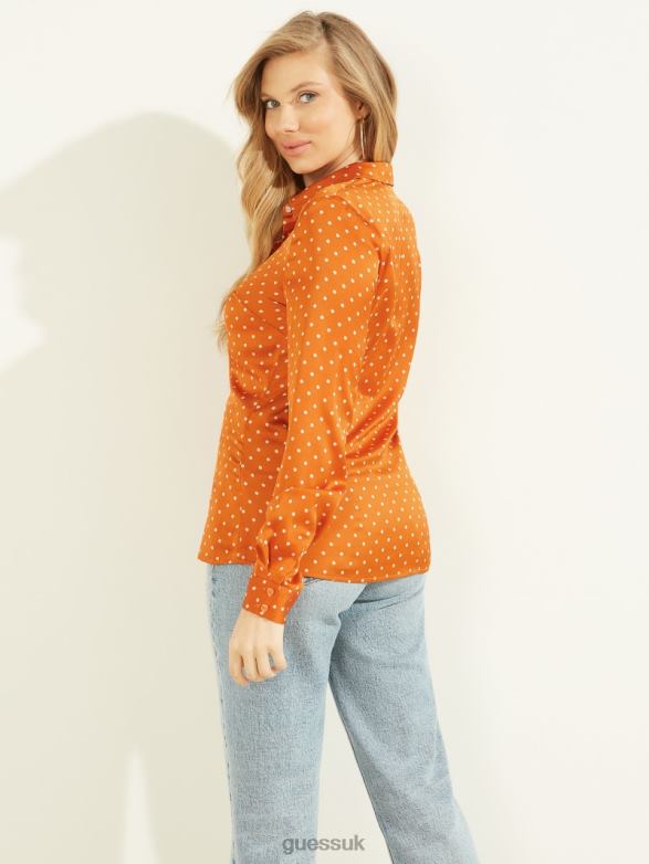 GUESS Women Eco Holly Polka Dot Shirt Dotmania Brassy Combo Apparel V28V61520