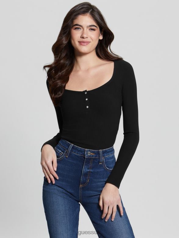 GUESS Women Eco Karlee Long-Sleeve Henley Black Apparel V28V61517