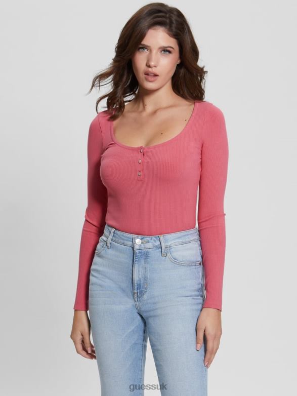 GUESS Women Eco Karlee Long-Sleeve Henley Drift Pink Apparel V28V61638