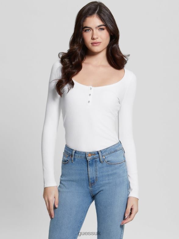 GUESS Women Eco Karlee Long-Sleeve Henley Pure White Apparel V28V61498