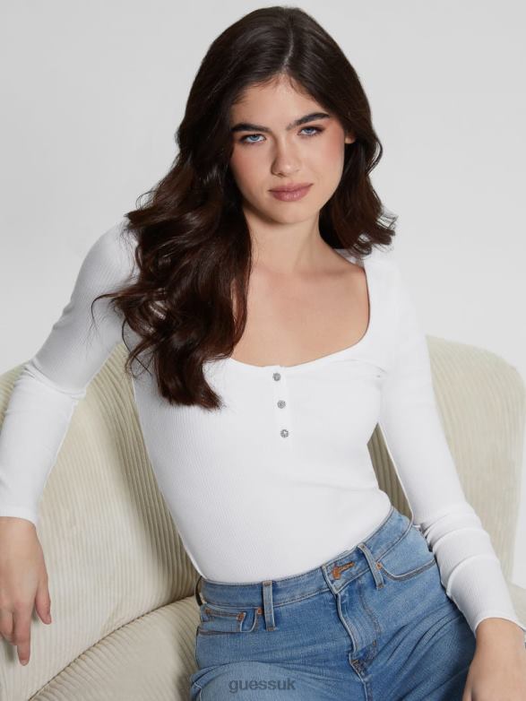 GUESS Women Eco Karlee Long-Sleeve Henley Pure White Apparel V28V61498