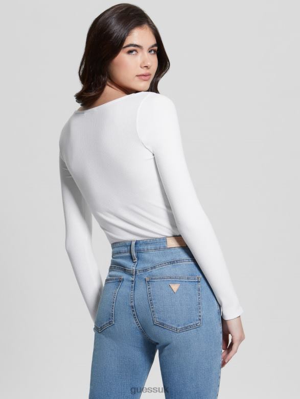 GUESS Women Eco Karlee Long-Sleeve Henley Pure White Apparel V28V61498