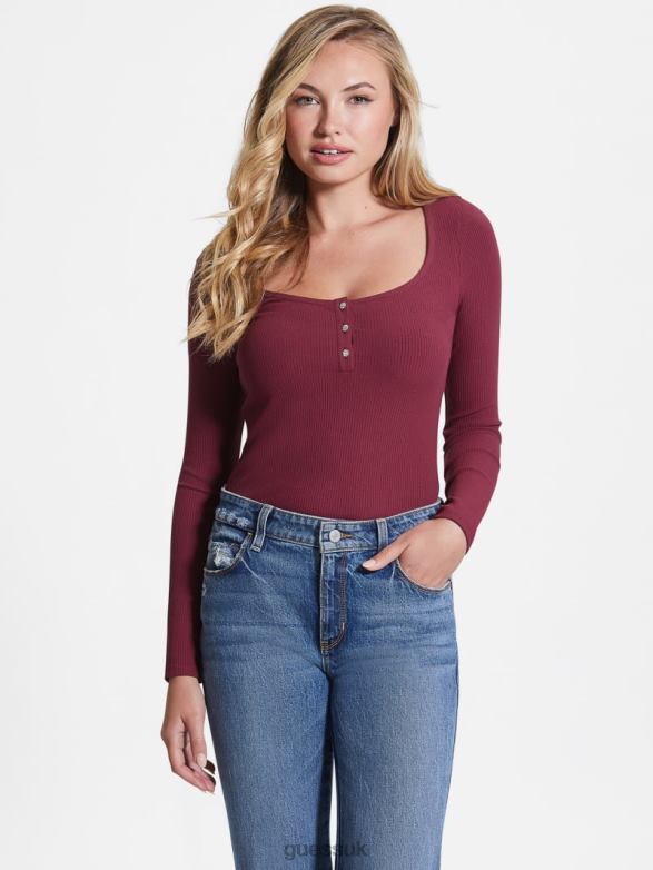 GUESS Women Eco Karlee Long-Sleeve Henley Tragic Stone Apparel V28V61606