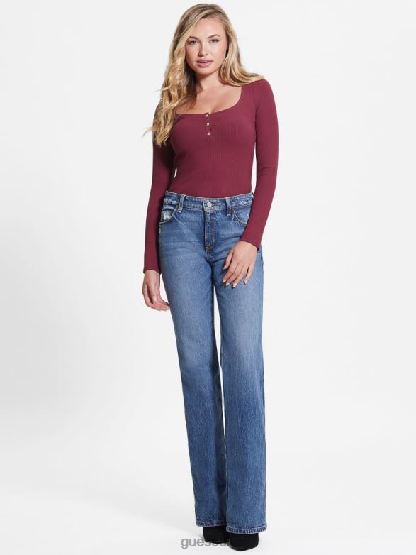 GUESS Women Eco Karlee Long-Sleeve Henley Tragic Stone Apparel V28V61606