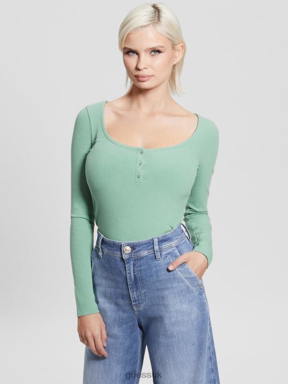 GUESS Women Eco Karlee Long-Sleeve Henley Vital Green Apparel V28V61640