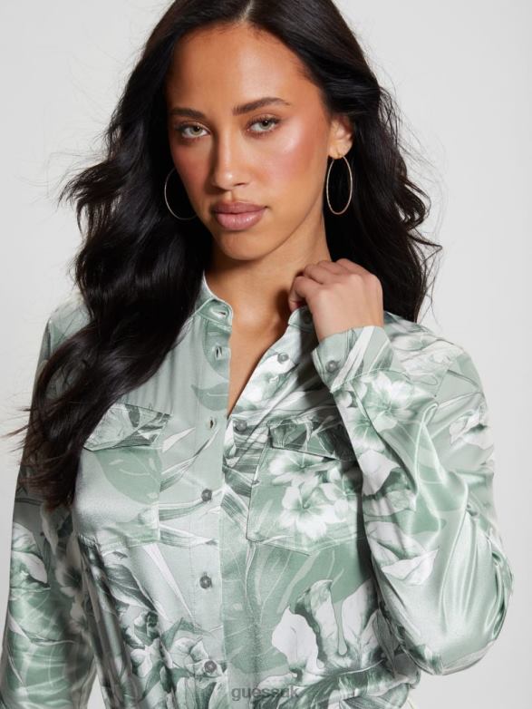 GUESS Women Eco Linda Satin Shirt Dusty Fern Jungle Print Apparel V28V6930