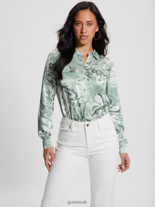 GUESS Women Eco Linda Satin Shirt Dusty Fern Jungle Print Apparel V28V6930