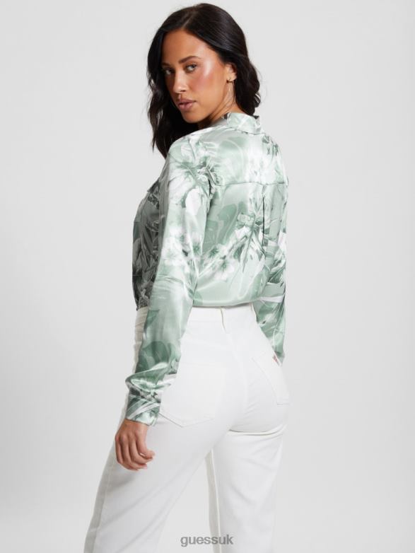 GUESS Women Eco Linda Satin Shirt Dusty Fern Jungle Print Apparel V28V6930