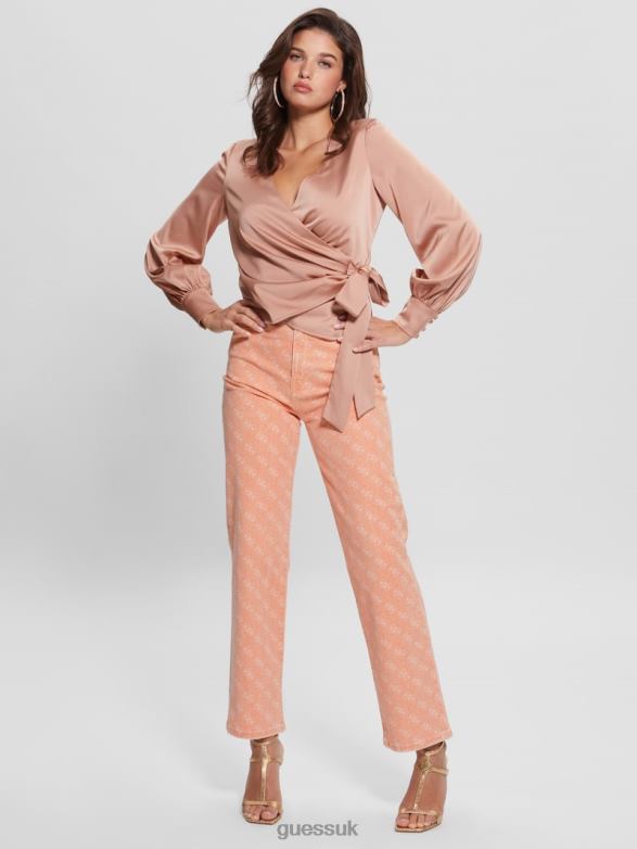 GUESS Women Eco Lovisa Wrap Blouse Satin Rose Apparel V28V61552