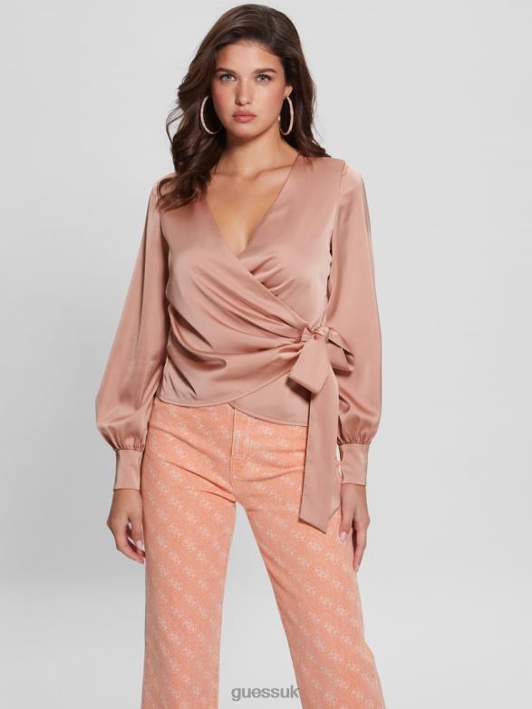 GUESS Women Eco Lovisa Wrap Blouse Satin Rose Apparel V28V61552