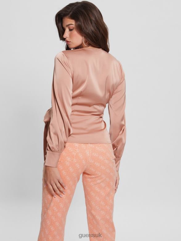 GUESS Women Eco Lovisa Wrap Blouse Satin Rose Apparel V28V61552