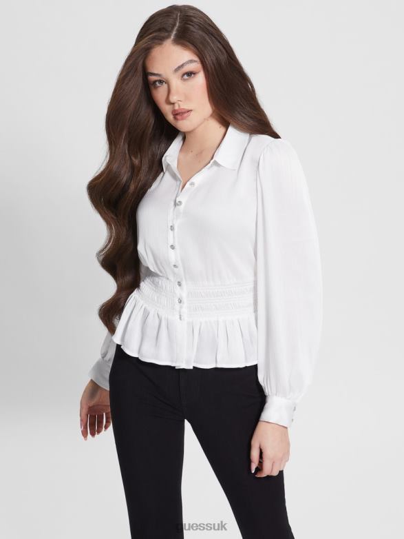 GUESS Women Eco Mandi Crystal Button Shirt Pure White Apparel V28V61526