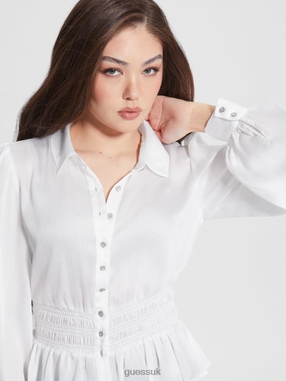 GUESS Women Eco Mandi Crystal Button Shirt Pure White Apparel V28V61526