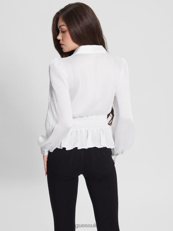 GUESS Women Eco Mandi Crystal Button Shirt Pure White Apparel V28V61526