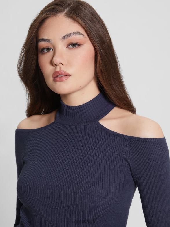 GUESS Women Eco Milly Cold-Shoulder Bodysuit Blackened Blue Multi Apparel V28V61522