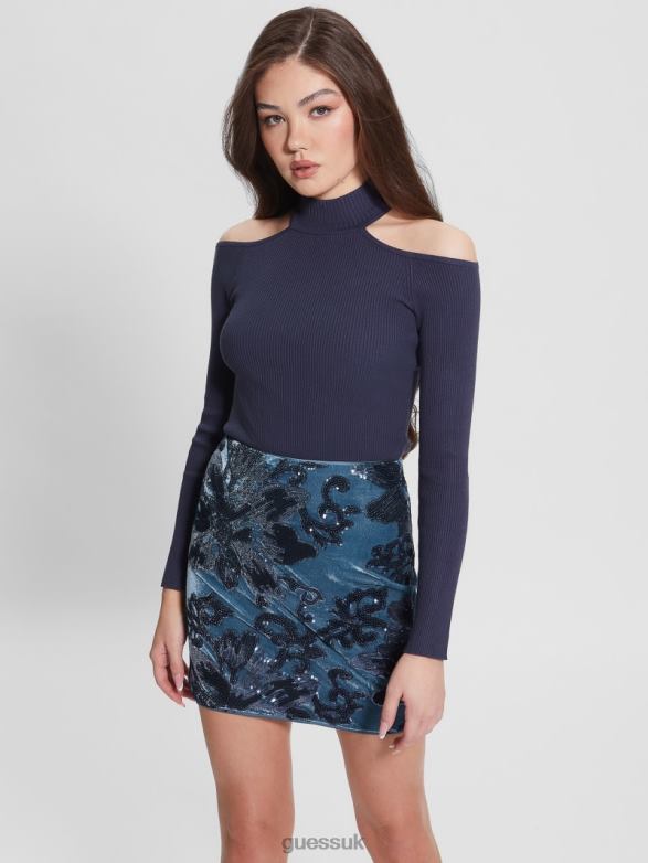 GUESS Women Eco Milly Cold-Shoulder Bodysuit Blackened Blue Multi Apparel V28V61522