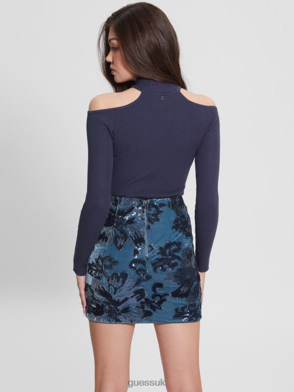 GUESS Women Eco Milly Cold-Shoulder Bodysuit Blackened Blue Multi Apparel V28V61522