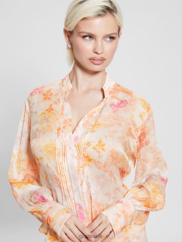 GUESS Women Eco Monica Chiffon Long-Sleeve Top Tangerine Bloom Apparel V28V61122