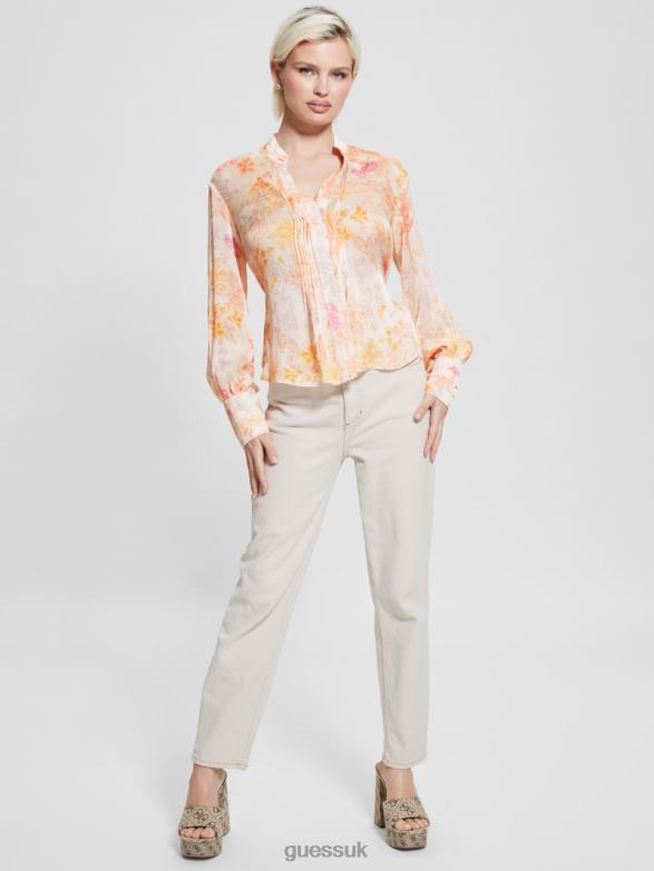 GUESS Women Eco Monica Chiffon Long-Sleeve Top Tangerine Bloom Apparel V28V61122