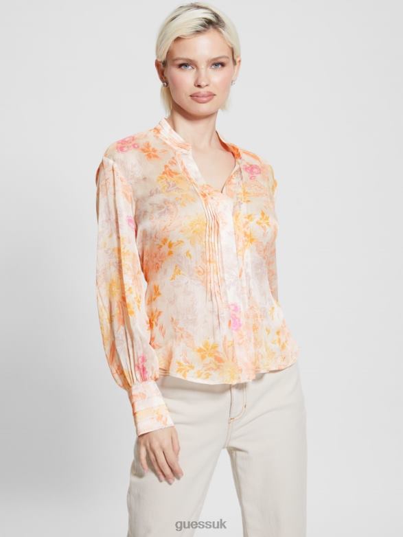 GUESS Women Eco Monica Chiffon Long-Sleeve Top Tangerine Bloom Apparel V28V61122
