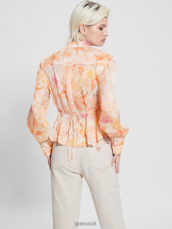 GUESS Women Eco Monica Chiffon Long-Sleeve Top Tangerine Bloom Apparel V28V61122