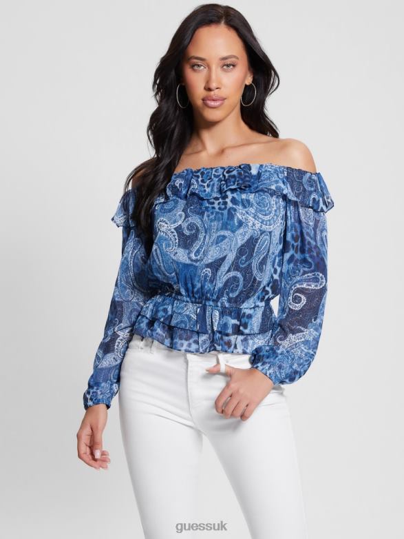 GUESS Women Eco Off-the-Shoulder Lucy Top Nordic Sea Kashmir Apparel V28V61075