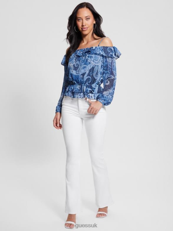 GUESS Women Eco Off-the-Shoulder Lucy Top Nordic Sea Kashmir Apparel V28V61075
