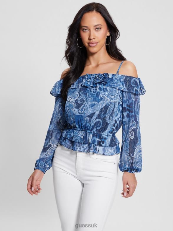 GUESS Women Eco Off-the-Shoulder Lucy Top Nordic Sea Kashmir Apparel V28V61075