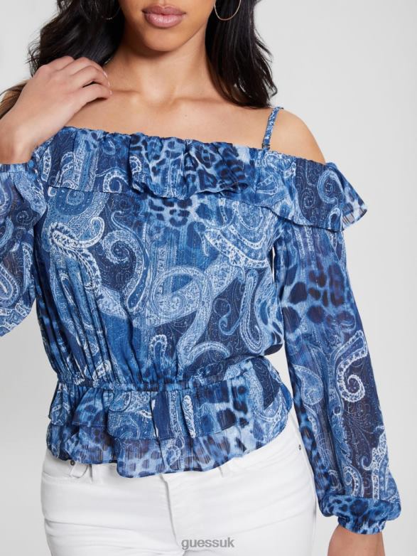 GUESS Women Eco Off-the-Shoulder Lucy Top Nordic Sea Kashmir Apparel V28V61075