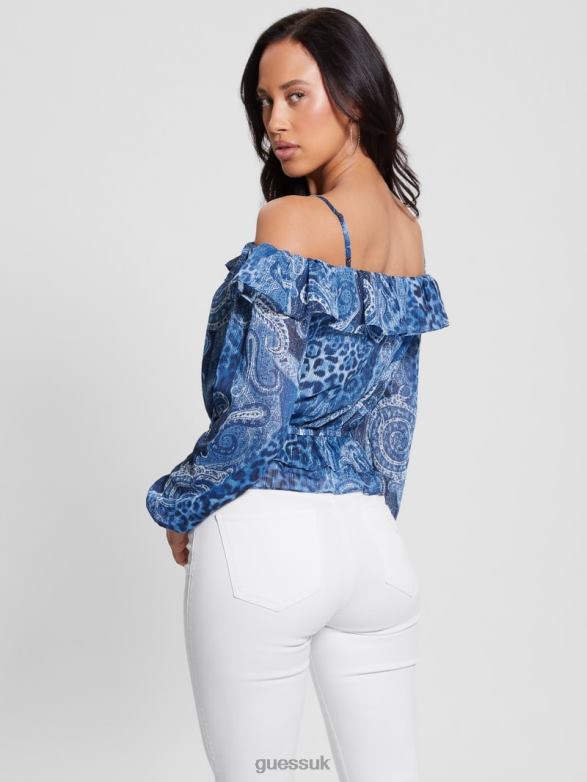 GUESS Women Eco Off-the-Shoulder Lucy Top Nordic Sea Kashmir Apparel V28V61075