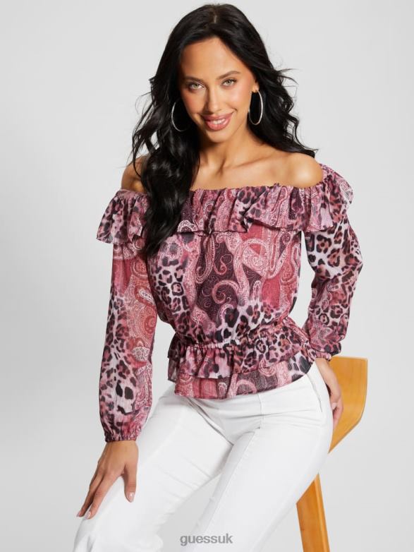 GUESS Women Eco Off-the-Shoulder Lucy Top Purple Kashmir Print Apparel V28V61046