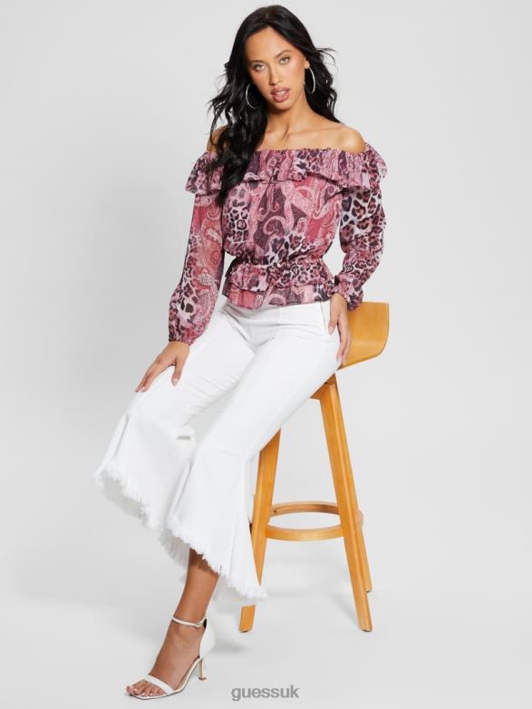 GUESS Women Eco Off-the-Shoulder Lucy Top Purple Kashmir Print Apparel V28V61046