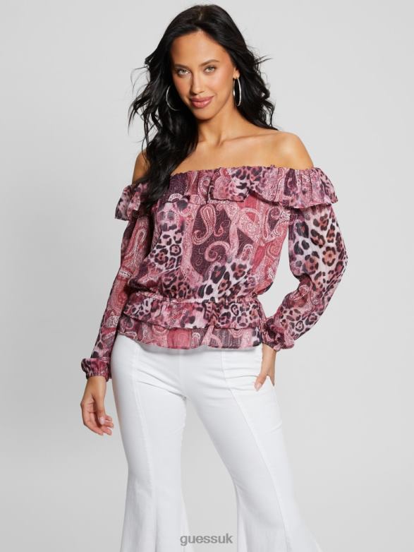 GUESS Women Eco Off-the-Shoulder Lucy Top Purple Kashmir Print Apparel V28V61046