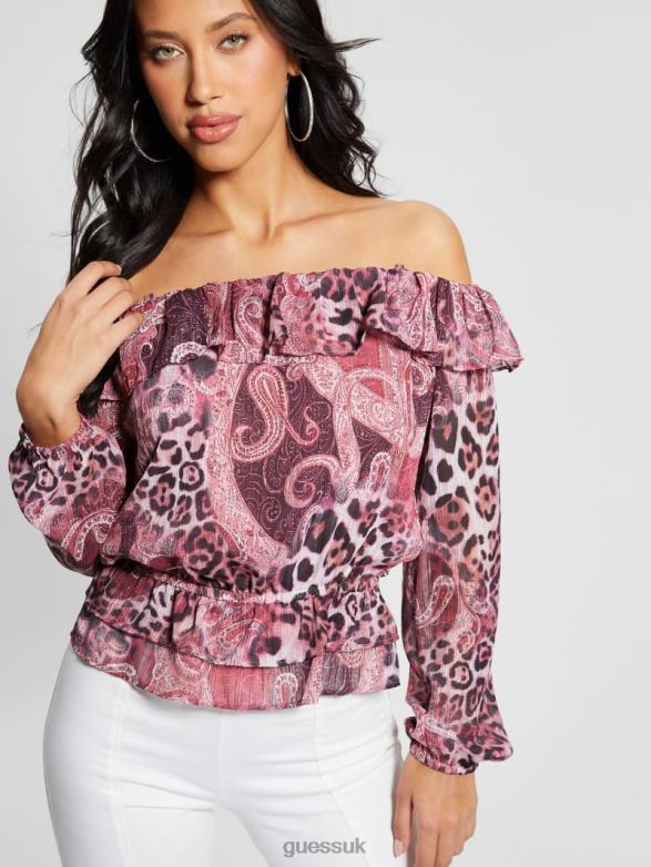 GUESS Women Eco Off-the-Shoulder Lucy Top Purple Kashmir Print Apparel V28V61046